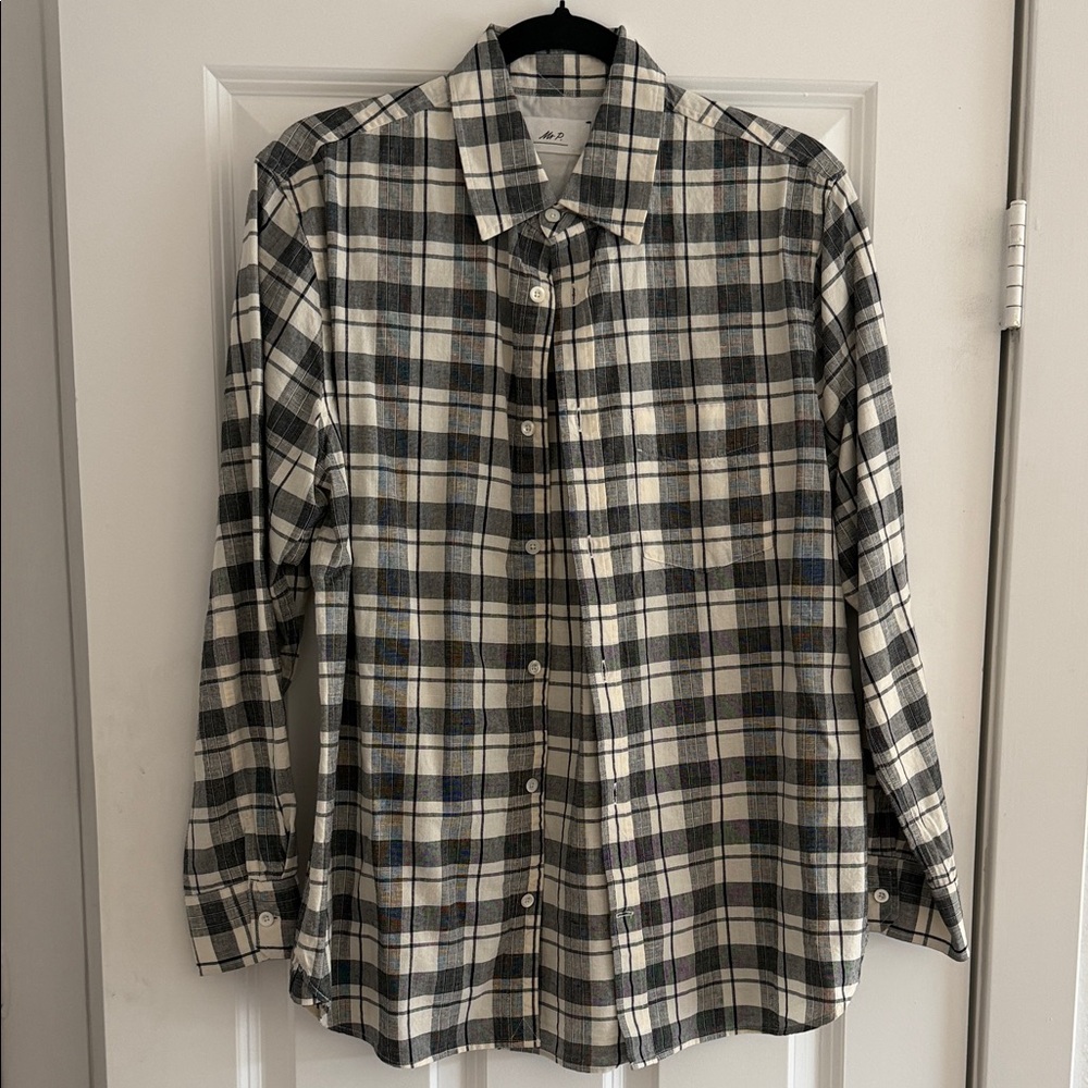 Mr P Men's Plaid Cotton-Linen Button-Down Shirt in Black & White - [Brand]